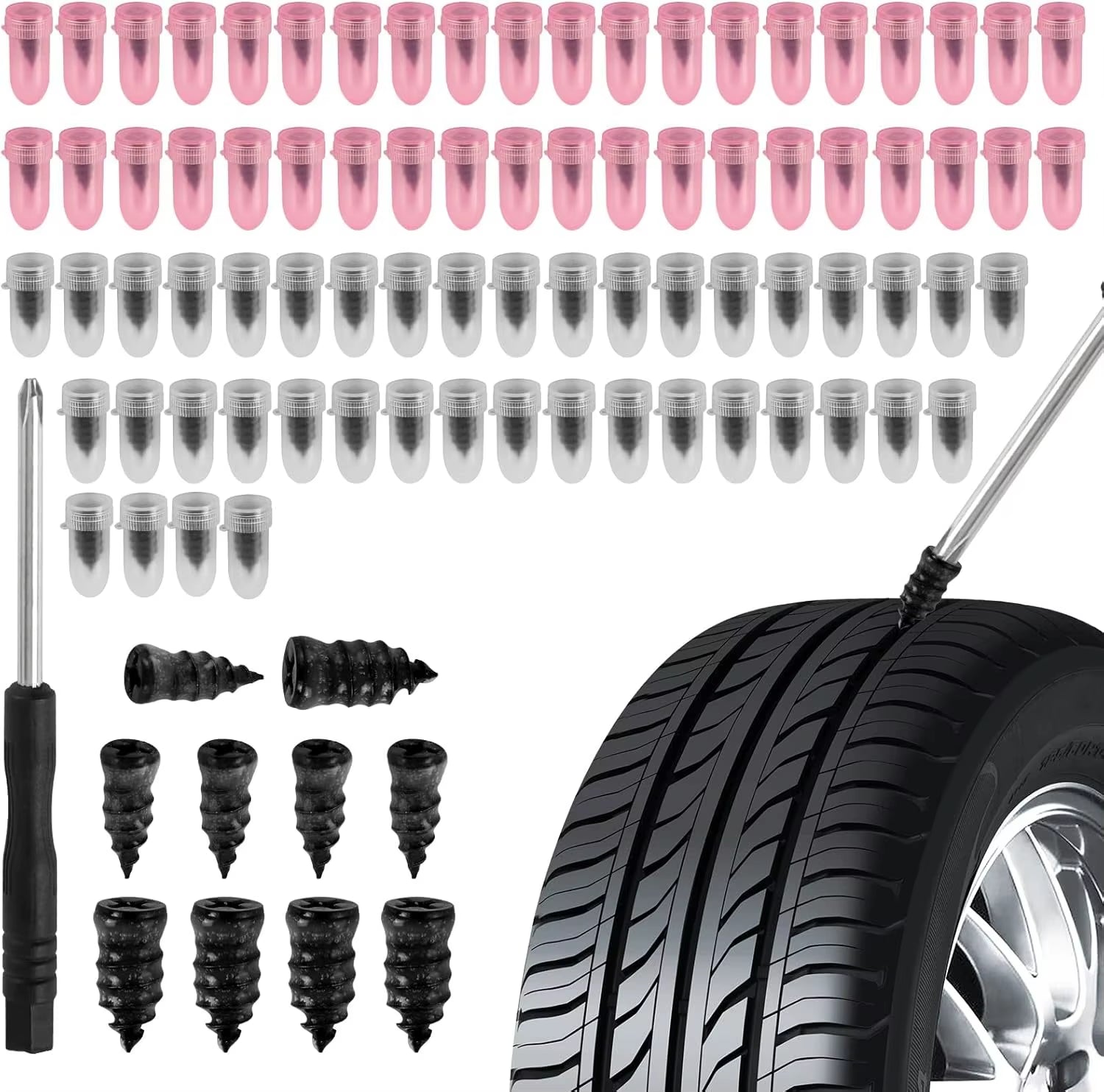 Puncture Repair Kit for Car Vacuum Tire Repair Screws, Quick Fix Self-Service Tire Repair Nails for Flat Tires with Screwdriver